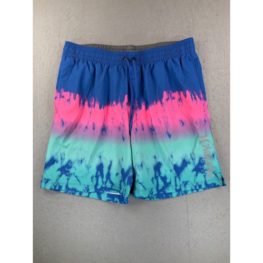 Hurley Mens XL Tie Dye Swim Shorts Blue Pink Teal Compression Liner Board Shorts